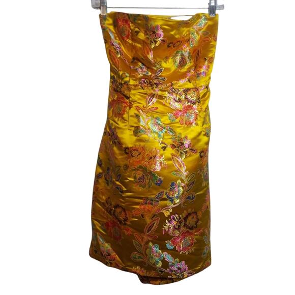 Pretty Little Thing Mustard Oriental Satin Bandeau Lace Up Dress Size 6 - Picture 2 of 8